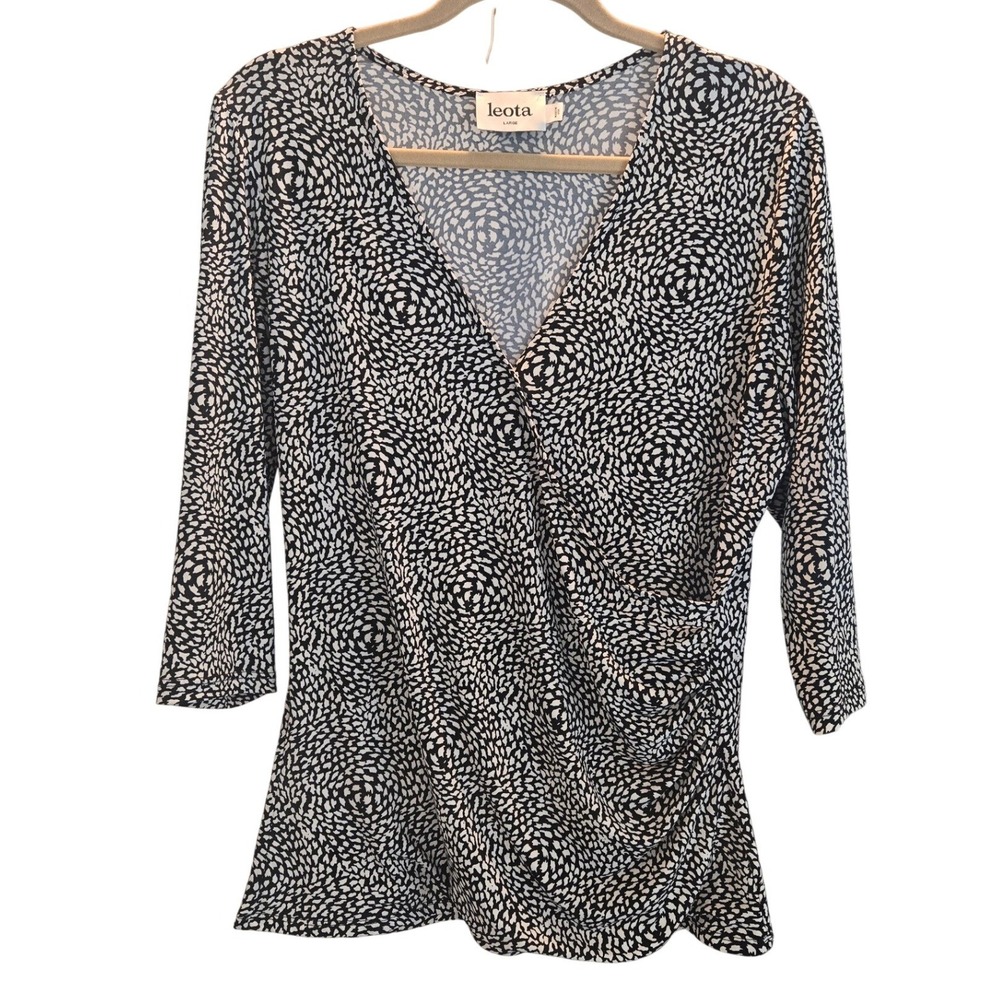 Leota Faux Wrap Top Blouse 3/4 Sleeve Black White V-Neck Large Office Career